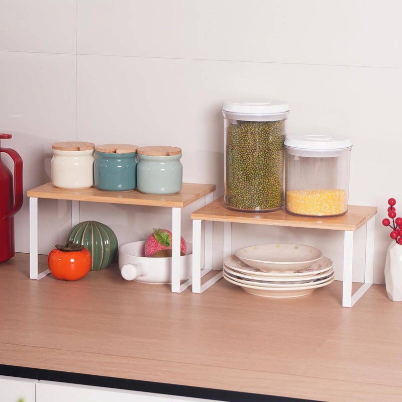 HEY FOLY Kitchen Cabinet Organizer Shelf, Set of 2 Stackable Counter Shelves, Small Wood Cabinet Riser Shelf for Pantry Cupboard Spice Dish Mug Cup, Expandable, Metal Engineered Wood (Beige & White, 11.7''W) - Image 5